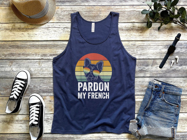 Retro pardon my french shirt dog lover bulldog navy blue tank tops