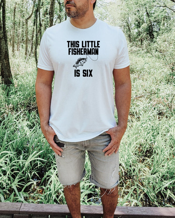 This little fisherman is six white t-shirt