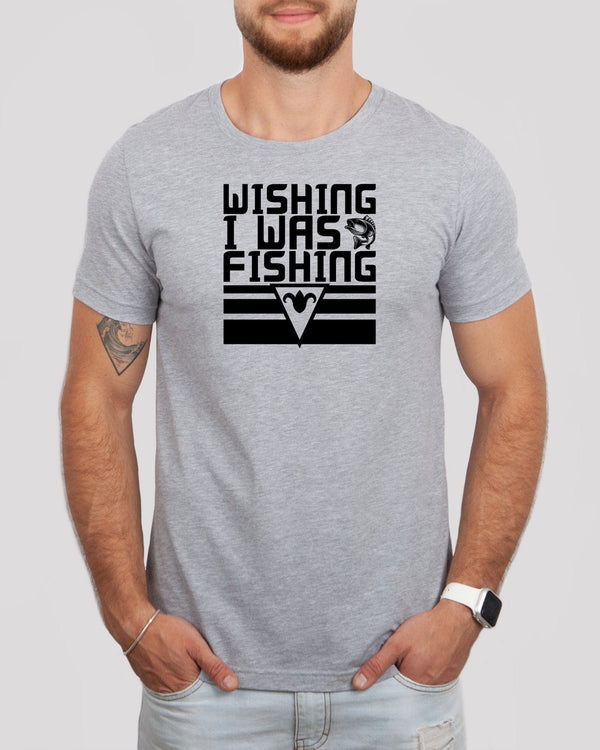 Wishing i was fishing black lettering med gray t-shirt