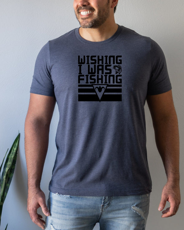 Wishing i was fishing black lettering navy t-shirt