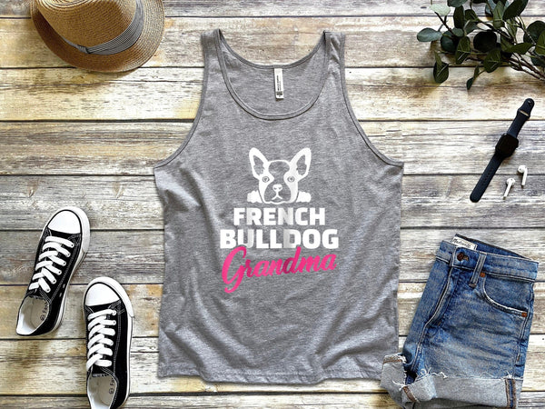 Womens french bulldog grandma med grey tank tops