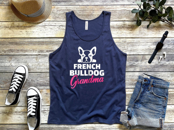 Womens french bulldog grandma navy blue tank tops