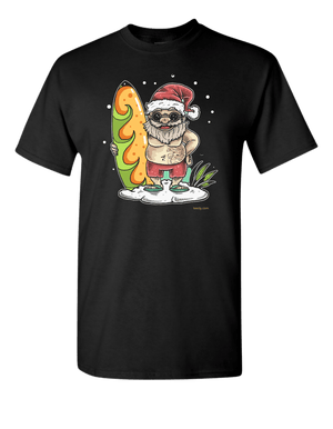 Surfing Santa Claus Black T-Shirt